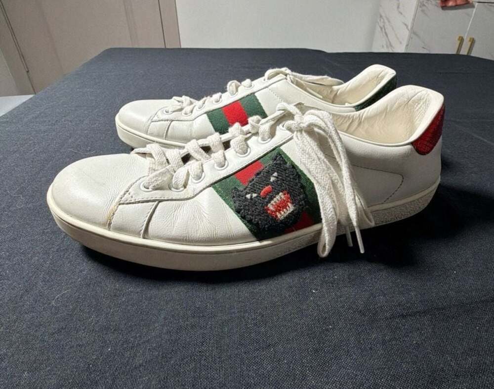 Gucci Ace Leather Low-Top Sneakers with Panther Embroidery